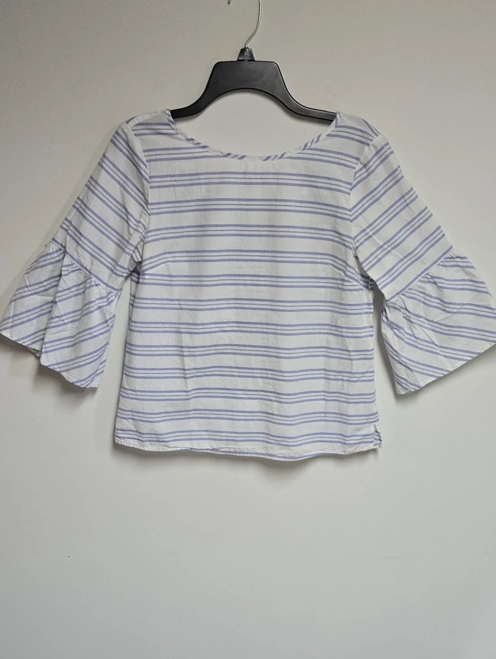 J. Crew White Blouse with Light Blue Stripes and Bell Sleeves